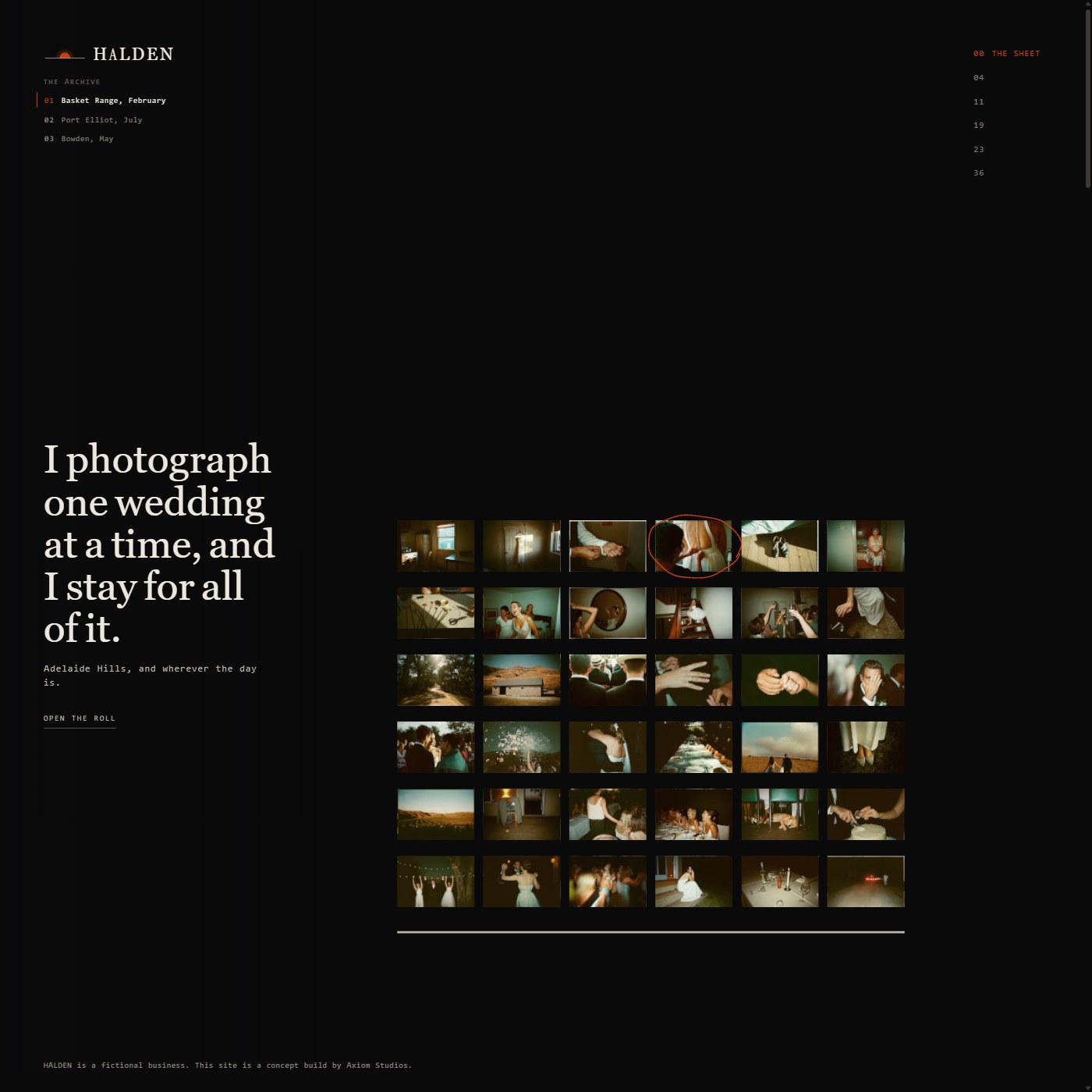 HALDEN's Film: a contact sheet of thirty six frames, one circled